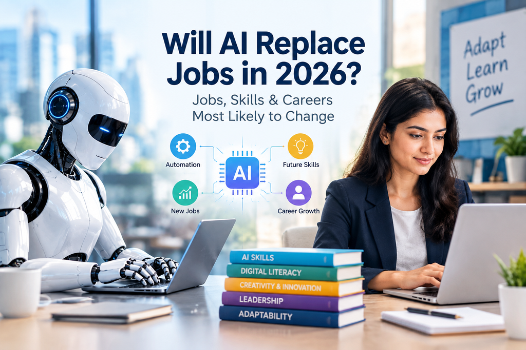 AI robot and professional woman working on laptops, illustrating how artificial intelligence may change jobs, skills, and careers in 2026.
